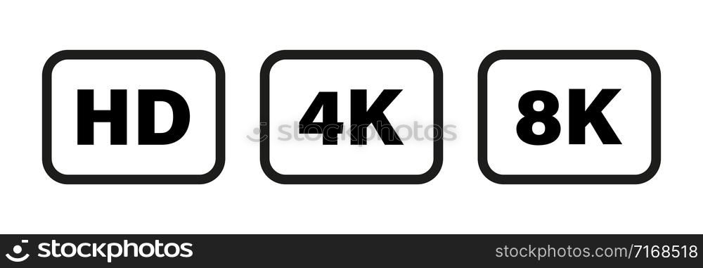 8K 4K HD video format vector icon isolated on white background. Web tv screen concept. High resolution. EPS 10