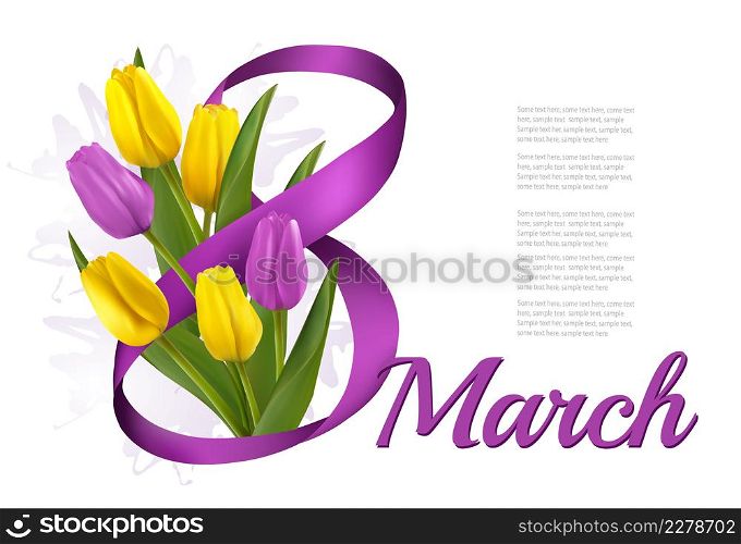 8th March illustration. Holiday flowers background with yellow and purple tulips and ribbon. Vector.