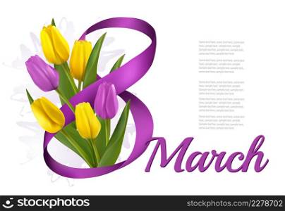 8th March illustration. Holiday flowers background with yellow and purple tulips and ribbon. Vector.