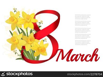8th March illustration. Holiday yellow flowers background with narcisses and red ribbon. Vector.
