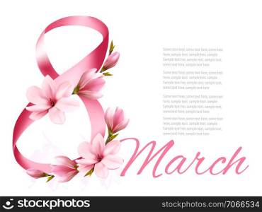 8th March illustration with a pink flowers. International Women&rsquo;s Day. Vector.
