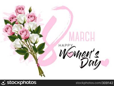8th March illustration with colorful roses. International Women's Day. Vector.