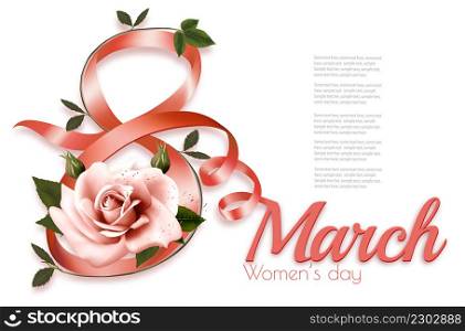 8th March illustration with pink and white roses flowers and pink ribbons. International Women&rsquo;s Day. Vector.