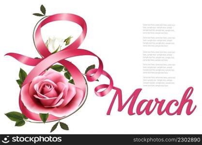 8th March illustration with pink and white roses flowers and pink ribbons. International Women&rsquo;s Day. Vector.