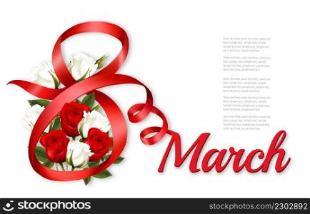 8th March illustration with red and white roses flowers and red ribbons. International Women&rsquo;s Day. Vector.