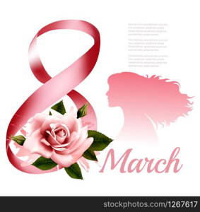 8th March vintage illustration. Pink rose with women sulhouette. Vector.
