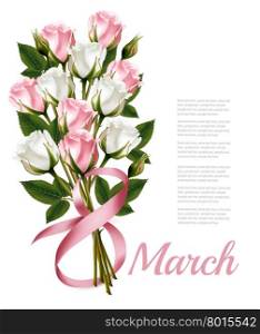 8th March vintage illustration. White and pink roses bouquet. Vector.