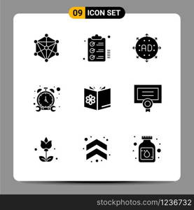 9 Black Icon Pack Glyph Symbols Signs for Responsive designs on white background. 9 Icons Set.. Creative Black Icon vector background