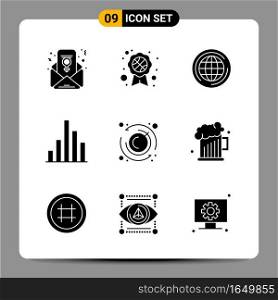 9 Black Icon Pack Glyph Symbols Signs for Responsive designs on white background. 9 Icons Set.. Creative Black Icon vector background