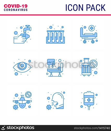 9 Blue Corona Virus pandemic vector illustrations icu, ophthalmology, tubes, eyesight, wheels viral coronavirus 2019-nov disease Vector Design Elements