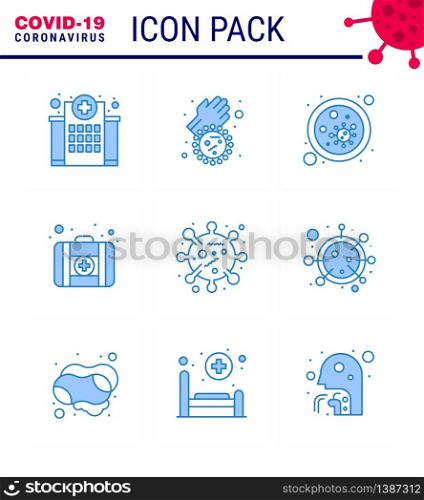 9 Blue Coronavirus Covid19 Icon pack such as bacteria, medical case, virus, first aid, microbe viral coronavirus 2019-nov disease Vector Design Elements
