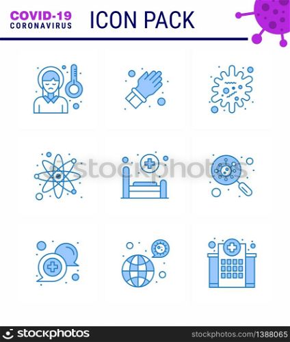 9 Blue Coronavirus Covid19 Icon pack such as bed, science, care, laboratory, infection viral coronavirus 2019-nov disease Vector Design Elements