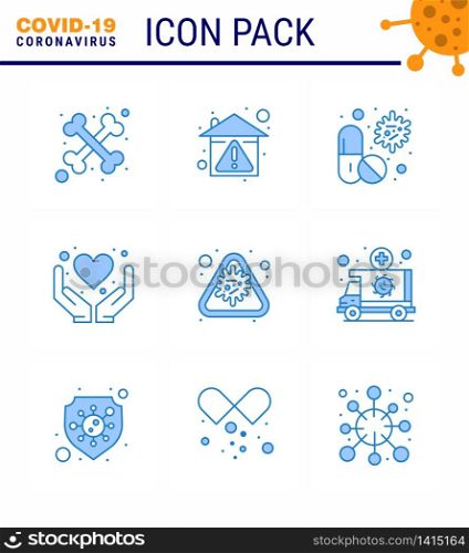 9 Blue Coronavirus Covid19 Icon pack such as health care, hands, virus, care, pill viral coronavirus 2019-nov disease Vector Design Elements