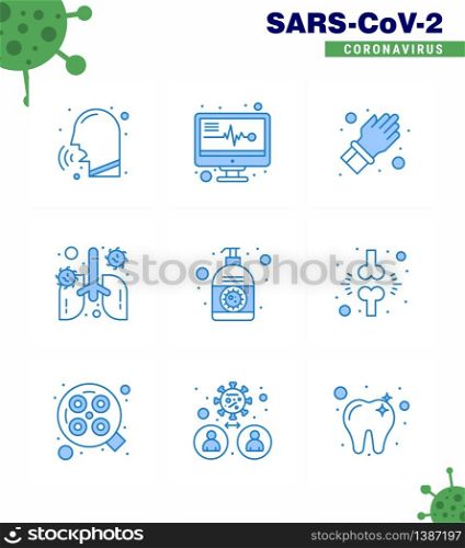9 Blue Coronavirus Covid19 Icon pack such as lotion, organ, glove, lung, anatomy viral coronavirus 2019-nov disease Vector Design Elements