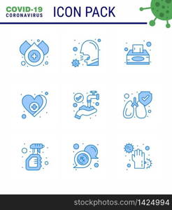 9 Blue Coronavirus Covid19 Icon pack such as protect, medical, sneeze virus, love, tissue box viral coronavirus 2019-nov disease Vector Design Elements