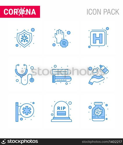 9 Blue Coronavirus Covid19 Icon pack such as test tube, blood, hands, stethoscope, healthcare viral coronavirus 2019-nov disease Vector Design Elements