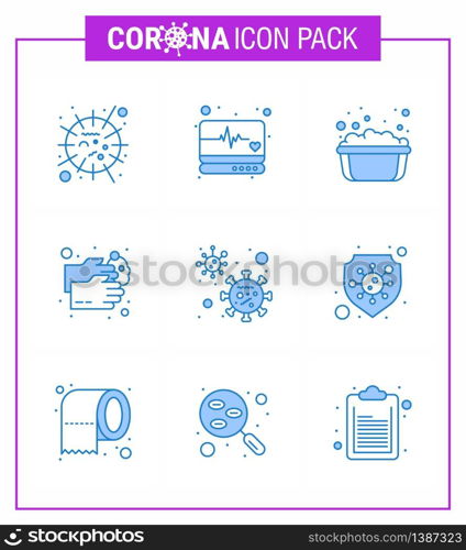 9 Blue Coronavirus Covid19 Icon pack such as water, wash, medical monitor, healthcare, soapy water viral coronavirus 2019-nov disease Vector Design Elements