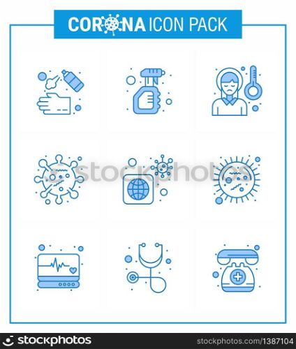 9 Blue Coronavirus disease and prevention vector icon corona, bacteria, bottle, sickness fever, pain viral coronavirus 2019-nov disease Vector Design Elements