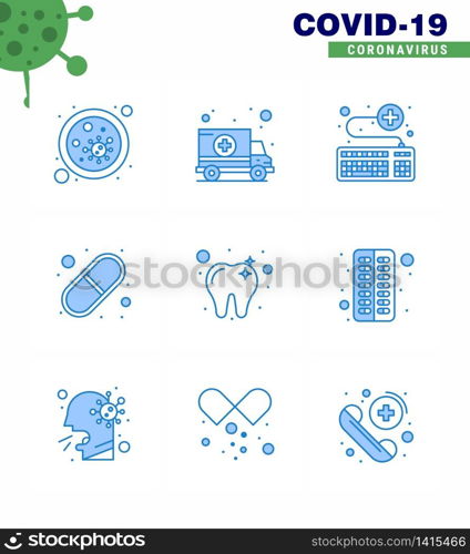 9 Blue Coronavirus disease and prevention vector icon pills, medical, transport, capsule, medical viral coronavirus 2019-nov disease Vector Design Elements