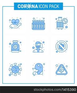 9 Blue Coronavirus disease and prevention vector icon protection, face, cancel, bottle, capsule viral coronavirus 2019-nov disease Vector Design Elements