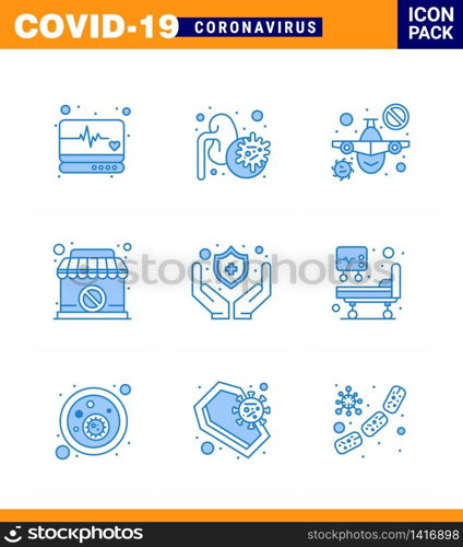 9 Blue coronavirus epidemic icon pack suck as protect, banned, plane, sign, closed viral coronavirus 2019-nov disease Vector Design Elements