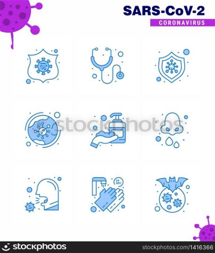 9 Blue Set of corona virus epidemic icons. such as hand, infection, protection, covid, virus viral coronavirus 2019-nov disease Vector Design Elements