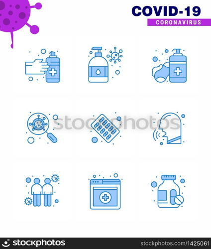 9 Blue Set of corona virus epidemic icons. such as medical, magnifying, soap, interfac, devirus viral coronavirus 2019-nov disease Vector Design Elements