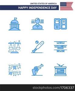 9 Blue Signs for USA Independence Day baseball  scale  book  law  court Editable USA Day Vector Design Elements