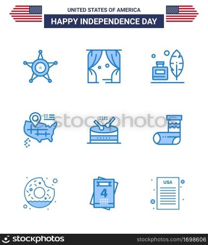 9 Blue Signs for USA Independence Day music; drum; adobe; american; location Editable USA Day Vector Design Elements