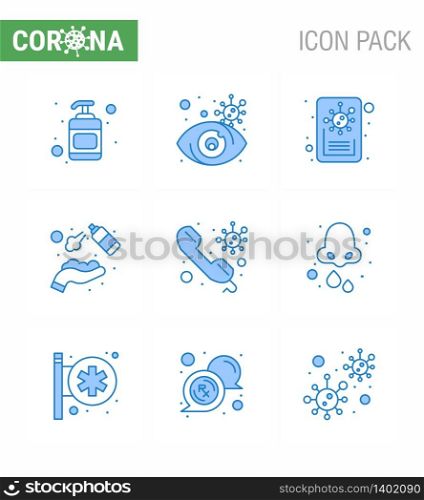 9 Blue viral Virus corona icon pack such as doctor, call, report, washing, hands spray viral coronavirus 2019-nov disease Vector Design Elements
