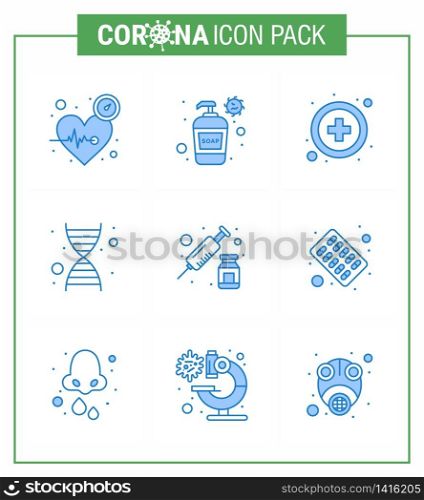 9 Blue viral Virus corona icon pack such as syringe, drugs, hand wash, genome, dna viral coronavirus 2019-nov disease Vector Design Elements