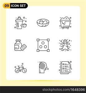 9 Creative Icons for Modern website design and responsive mobile apps. 9 Outline Symbols Signs on White Background. 9 Icon Pack.. Creative Black Icon vector background