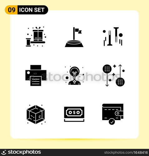 9 Creative Icons for Modern website design and responsive mobile apps. 9 Glyph Symbols Signs on White Background. 9 Icon Pack.. Creative Black Icon vector background