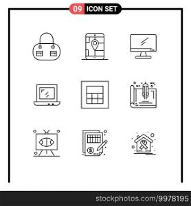 9 Creative Icons Modern Signs and Symbols of blueprint, wireframe, device, calculator, design Editable Vector Design Elements