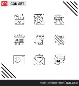9 Creative Icons Modern Signs and Symbols of break heart, feeling, organic, emotions, conference Editable Vector Design Elements