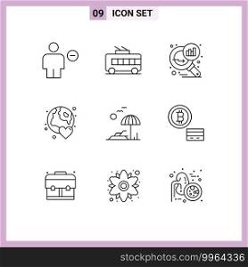 9 Creative Icons Modern Signs and Symbols of day, world, trolley bus, globe, search stats Editable Vector Design Elements