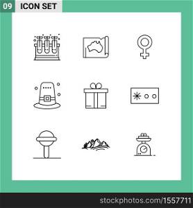 9 Creative Icons Modern Signs and Symbols of gift, holiday, map, hat, gender Editable Vector Design Elements