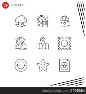 9 Creative Icons Modern Signs and Symbols of journey, location, umbrella, tree, nature Editable Vector Design Elements