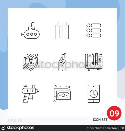 9 Creative Icons Modern Signs and Symbols of share, alms, task, employee insurance, protection Editable Vector Design Elements