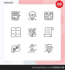 9 Creative Icons Modern Signs and Symbols of wardrobe, home, great idea, furniture, buffer Editable Vector Design Elements