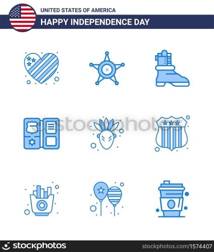 9 Creative USA Icons Modern Independence Signs and 4th July Symbols of thanksgiving; american; shose; star; shield Editable USA Day Vector Design Elements