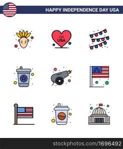 9 Creative USA Icons Modern Independence Signs and 4th July Symbols of day  war  party decoration  canon  soda Editable USA Day Vector Design Elements