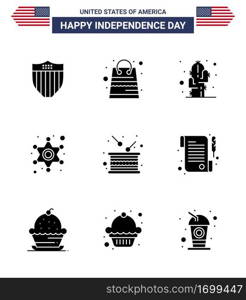 9 Creative USA Icons Modern Independence Signs and 4th July Symbols of drum  police sign  cactus  star  men Editable USA Day Vector Design Elements