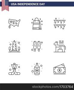 9 Creative USA Icons Modern Independence Signs and 4th July Symbols of hot dog; washington; festival; usa; monument Editable USA Day Vector Design Elements