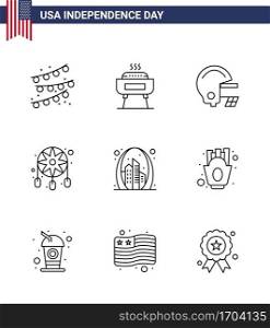 9 Creative USA Icons Modern Independence Signs and 4th July Symbols of landmark  building  football  arch  dream catcher Editable USA Day Vector Design Elements