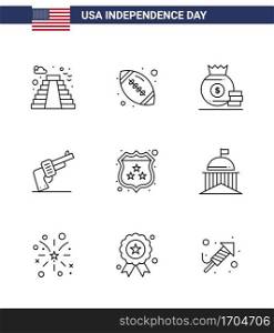 9 Creative USA Icons Modern Independence Signs and 4th July Symbols of security  american  dollar  weapon  gun Editable USA Day Vector Design Elements