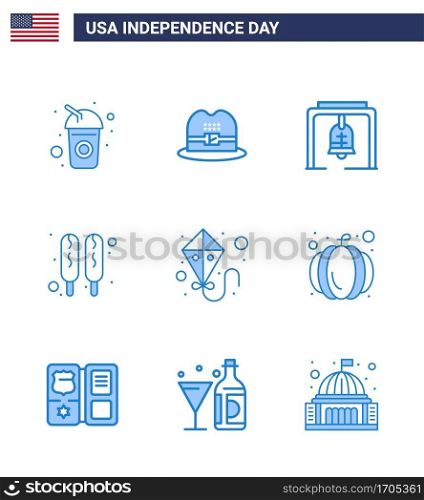 9 Creative USA Icons Modern Independence Signs and 4th July Symbols of american; summer; bell; kite; hot dog Editable USA Day Vector Design Elements