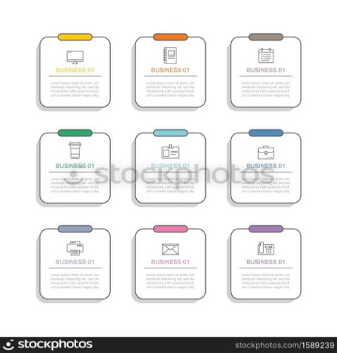 9 data infographics square shape template with thin line design. Vector illustration abstract background. Can be used for workflow layout, business step, banner, web design.