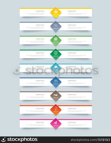 9 data infographics tab paper index template. Vector illustration abstract background. Can be used for workflow layout, business step, banner, web design.