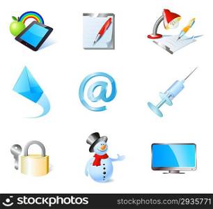9 detailed icons collection: apple and pad with rainbow background, pen and notepad, lamp and notepad, incoming mail, e-mail sign, syringe, key and lock, snowman, lcd screen